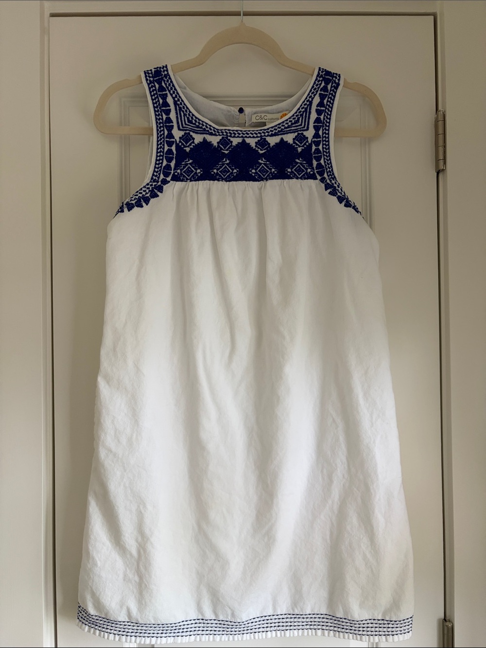 C&C California White Sundress with Blue Embroidered Yoke